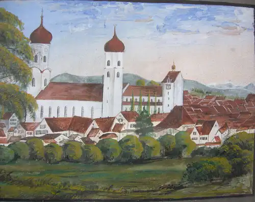 Isny im Allgäu Ansicht Gouache um 1850 gerahmt Goldleiste Württemberg