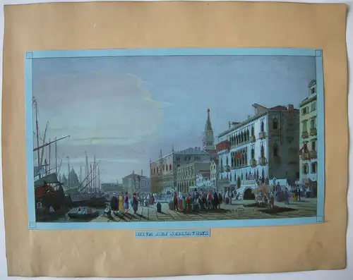 Venedig Venezia Riva dei Schiavoni Farblithographie blaues Papier 1835 Italia