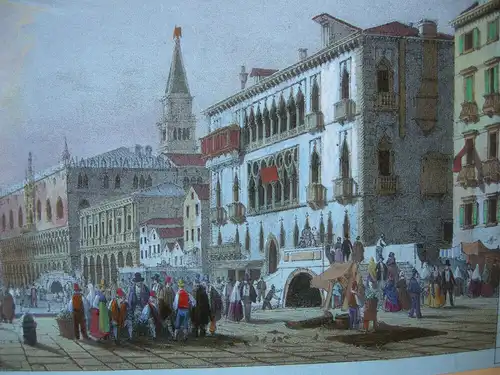 Venedig Venezia Riva dei Schiavoni Farblithographie blaues Papier 1835 Italia