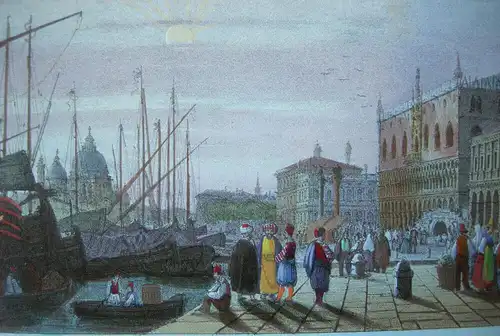 Venedig Venezia Riva dei Schiavoni Farblithographie blaues Papier 1835 Italia