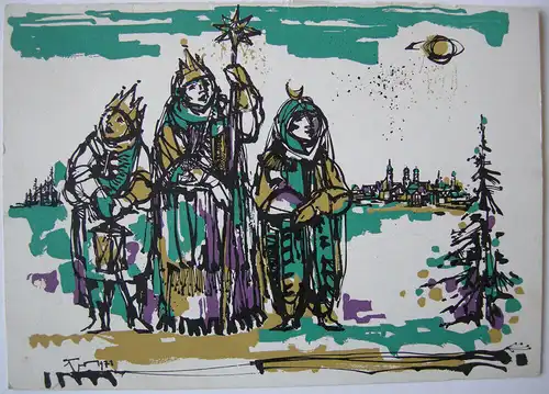 Hans Prähofer (1920-2005) Sternsinger Serigrafie 197 Weihnachtskarte signiert