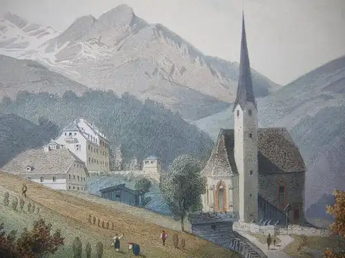 Gastein Nicolaus Kirche altkolorierter Stahlstich Würthle 1850  Salzburg