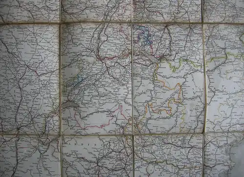 Post- Eisenbahn- und Reise-Karte Mitteleuropa grenzkolor Stahlstich 1857 Perthes