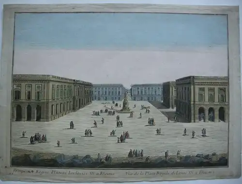 Vue d’optique Guckkastenbild Place Royale Rheims France Kupferstich 1750