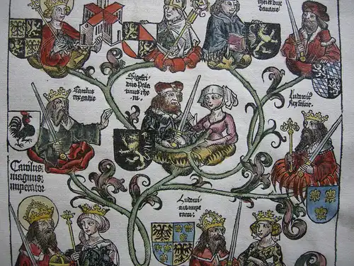 Genealogie deutscher Kaiser kolor Orig Holzschnitt Schedel Weltchronik 1493