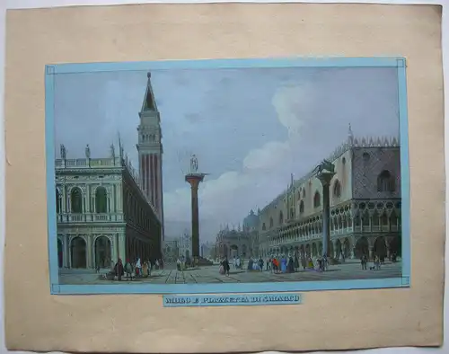 Venedig Venezia Mole Piazza San Marco Farblithographie blaues Papier 1835 Italia