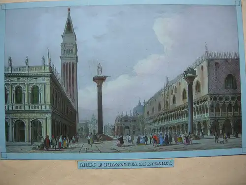 Venedig Venezia Mole Piazza San Marco Farblithographie blaues Papier 1835 Italia