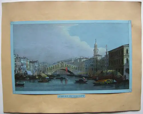 Venedig Venezia Rialto Brücke Farblithographie blaues Papier 1835 Italia