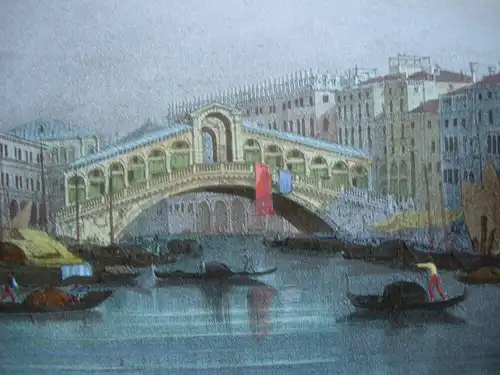 Venedig Venezia Rialto Brücke Farblithographie blaues Papier 1835 Italia