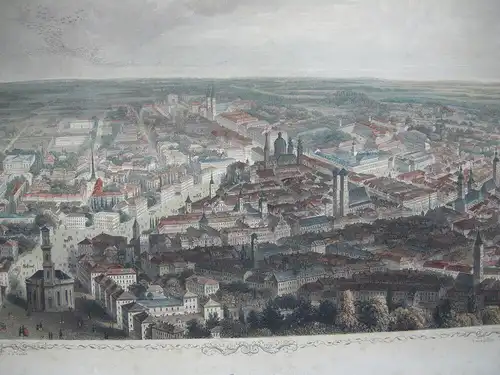 München Vogelschau-Ansicht kolorierter Stahlstich 1850 Payne nach Heawood