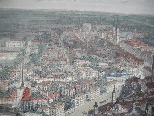 München Vogelschau-Ansicht kolorierter Stahlstich 1850 Payne nach Heawood