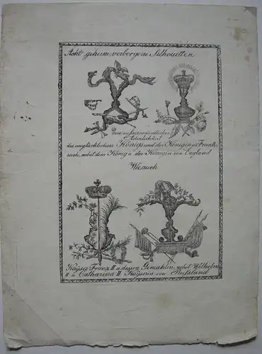8 geheim verborgene Silhouetten Vexierbild König Frankr Franz II. Kupferst 1793