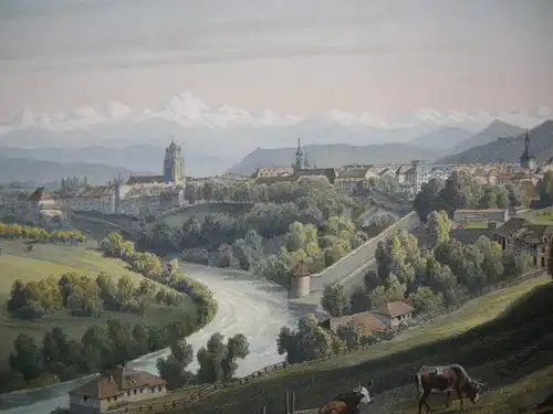 Bern Gesamtansicht Bern aus der Ferne Orig Farblithografie 1830 Schweiz