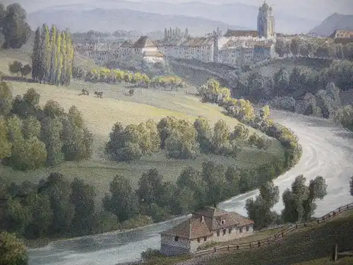 Bern Gesamtansicht Bern aus der Ferne Orig Farblithografie 1830 Schweiz