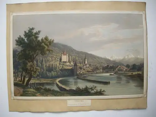 Thun Ansicht vom Thuner See aus Kanton Bern Orig Farblithografie 1830 Schweiz