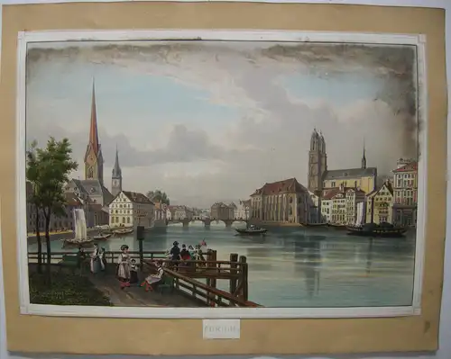 Zürich Ansicht vom Zürichsee aus Biedermeier Orig Farblithografie 1830 Schweiz