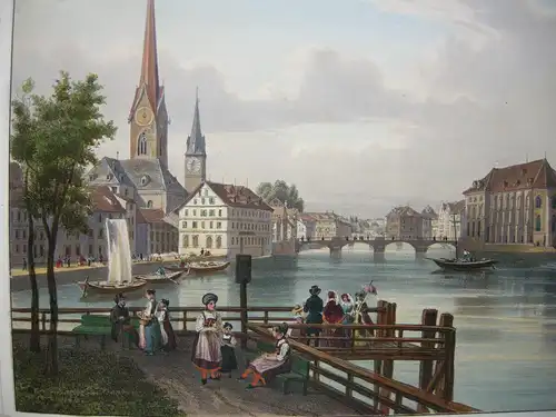 Zürich Ansicht vom Zürichsee aus Biedermeier Orig Farblithografie 1830 Schweiz