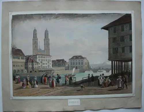 Zürich Ansicht am Zürichsee Biedermeier Orig Farblithografie 1830 Schweiz