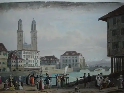 Zürich Ansicht am Zürichsee Biedermeier Orig Farblithografie 1830 Schweiz