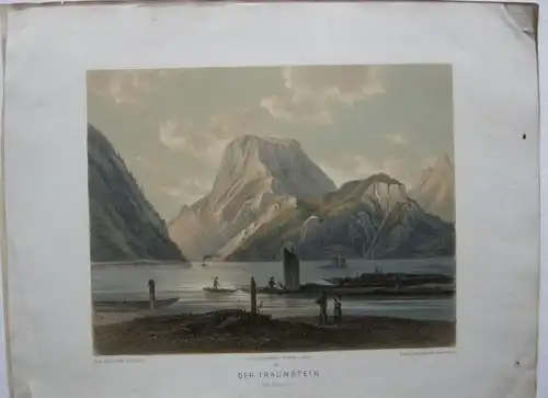 Der Traunstein Ebensee Österreich Salzkammergut Lithografie Czerny 1840 Höger