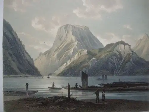 Der Traunstein Ebensee Österreich Salzkammergut Lithografie Czerny 1840 Höger