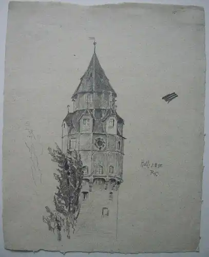 Hall Tirol Burg Hasegg Turm Österreich Bleistiftzeichnung R. Kaulbach 1895 monog