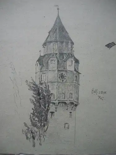 Hall Tirol Burg Hasegg Turm Österreich Bleistiftzeichnung R. Kaulbach 1895 monog