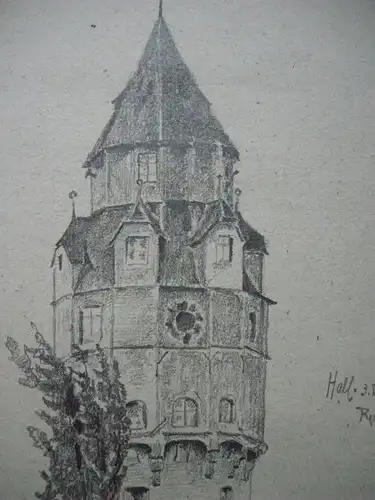 Hall Tirol Burg Hasegg Turm Österreich Bleistiftzeichnung R. Kaulbach 1895 monog