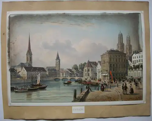 Zürich Ansicht an der Limnat Biedermeier Orig Farblithografie 1830 Schweiz