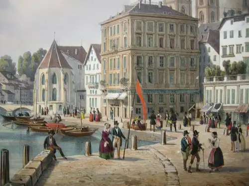 Zürich Ansicht an der Limnat Biedermeier Orig Farblithografie 1830 Schweiz