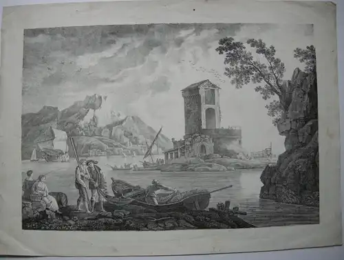 Fischer-Idylle Orig Lithografie 1830 nach Vernet Aliamet Seestück Fischer