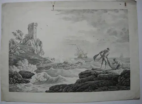 Stürmisches Meer Orig Lithografie 1830 nach Vernet Aliamet Seestück Fischer