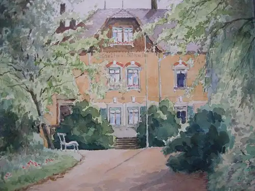 Romantische Villa im Wald Martins Klause Orig Aquarell 1945 unleserlich signiert