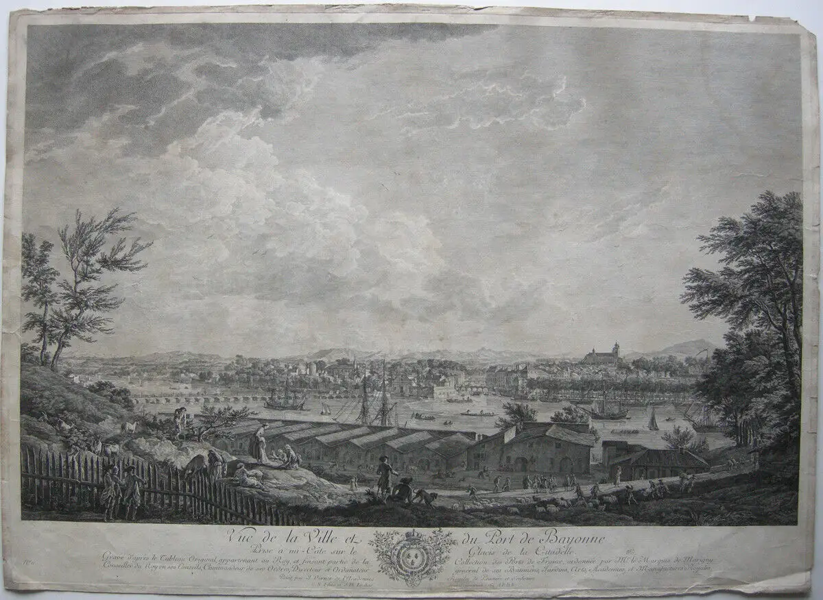 Bayonne France Frankreich Port Orig. Radierung 1764 Pyrénées-Atlantique Vernet 0