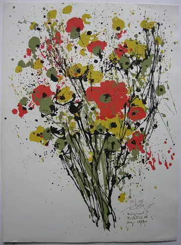 Hans Prähofer (1920-2005) Blumenstilleben Gelb Rot Grün Serigrafie 1987 signiert