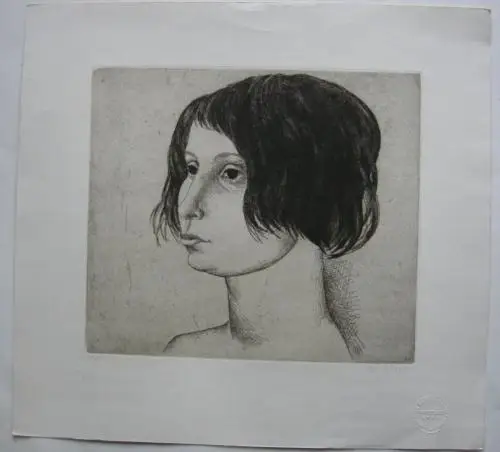 Portrait Mädchen Orig Radierung unleserl. signiert um 1970