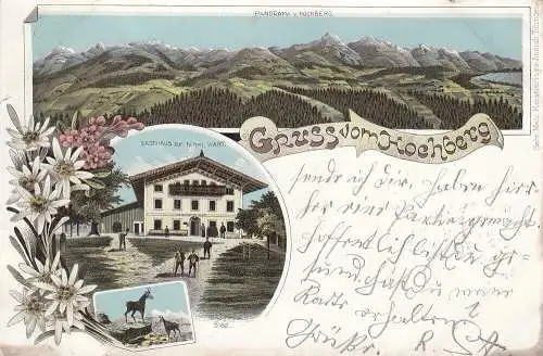 Hochberg Traunstein Gasthaus zur hohen Wart  Oberbayern Litho gel 1898