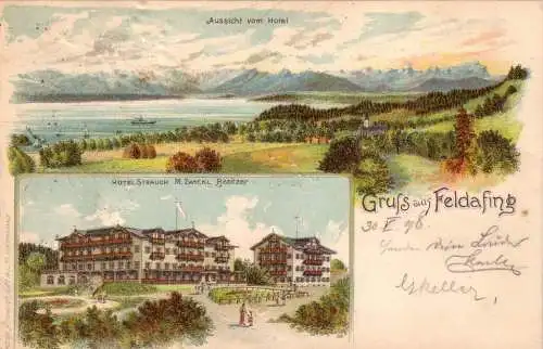 AK Gruß aus Feldafing Starnberger See Oberbayern 1898 Hotel Strauch Litho