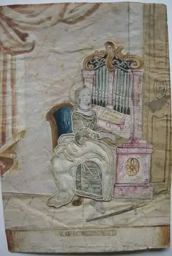 Hl. Cäcilia Schutzpatronin Kirchenmusiker Stoff Aquarell appliziert um 1800