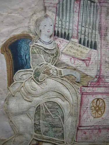 Hl. Cäcilia Schutzpatronin Kirchenmusiker Stoff Aquarell appliziert um 1800