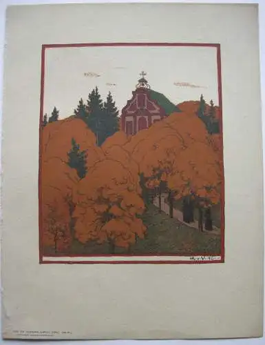 Hans R. v Volkmann (1860-1927) Kapelle in der Eifel Lithographie 1898 Jugendstil