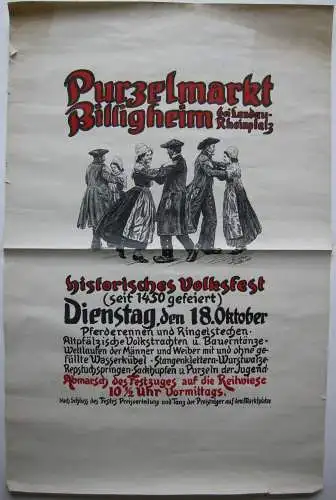 Plakat  Purzelmarkt Billigheim Landau Orig Lithografie Strieffler 1910 Volksfest