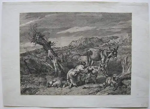 Jan de Visscher (1636-1692)  Ziegemelkende Bäuerin Esel Orig Radierung 1700