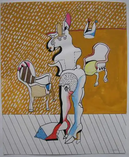 Simon Dittrich (1940) Bunny Hase auf High Heels Aquarell Buntstift signiert