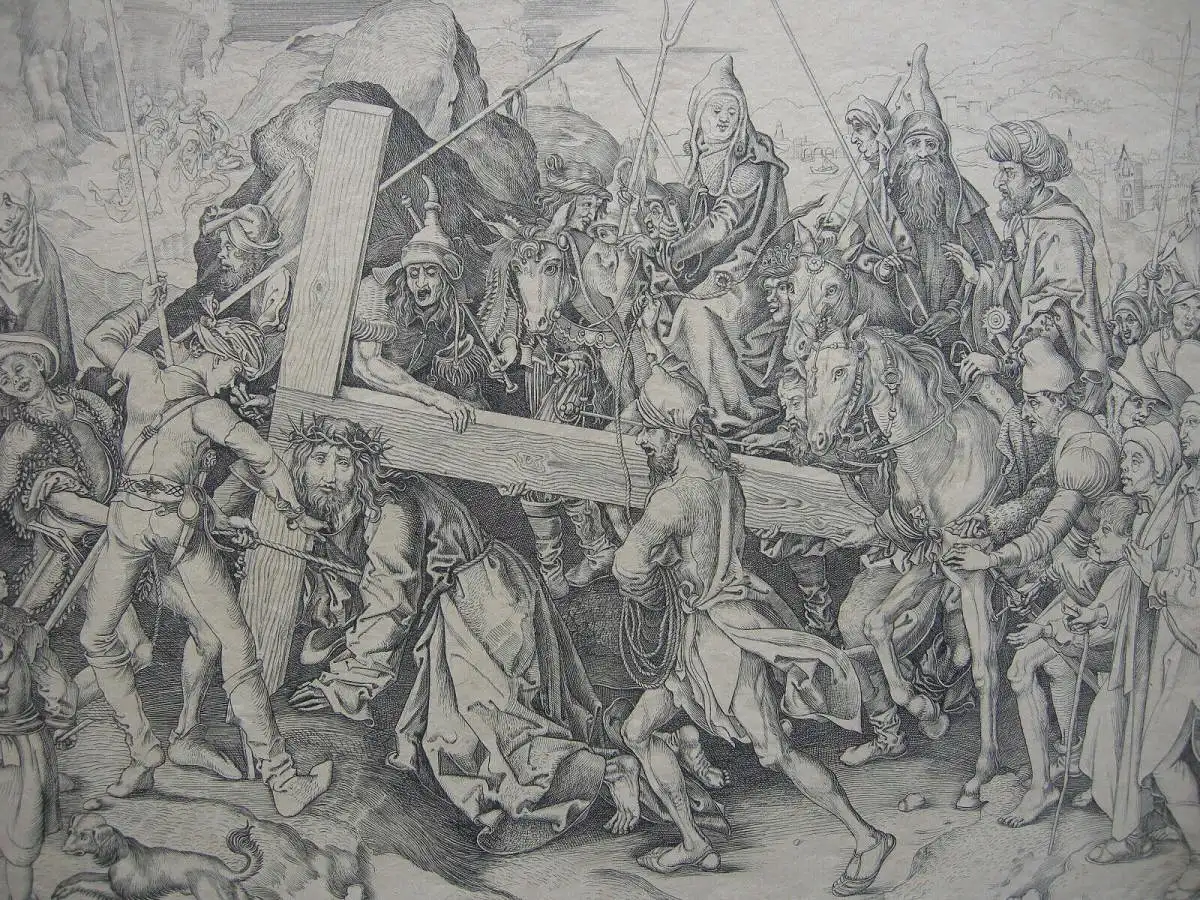 Martin Schongauer (1445/50-1491) Die große Kreuztragung Kupferstich Kopie 19. Jh 1