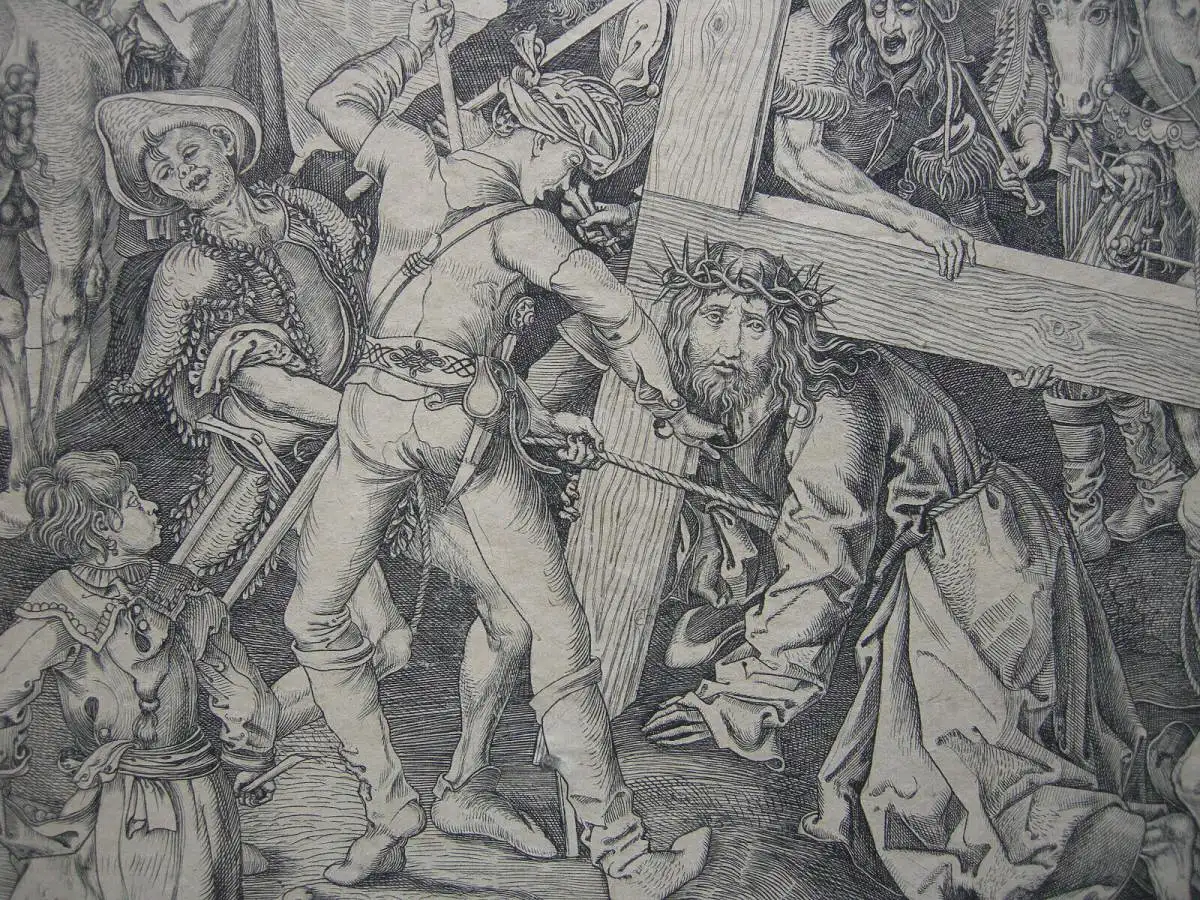 Martin Schongauer (1445/50-1491) Die große Kreuztragung Kupferstich Kopie 19. Jh 3