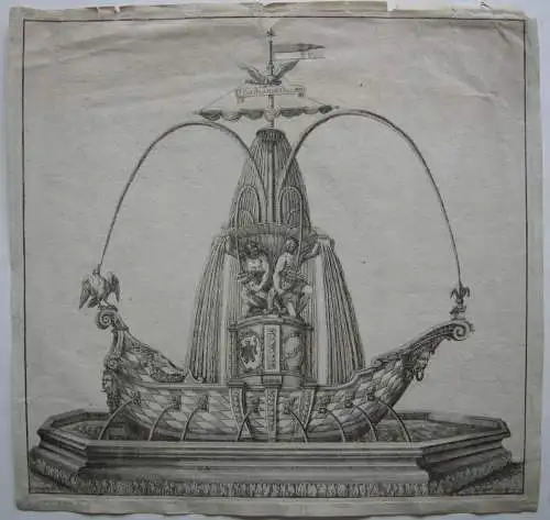 Entwurf Brunnen Friedensschiff München Bayern Kupferstich Spätt nach Degler 1700