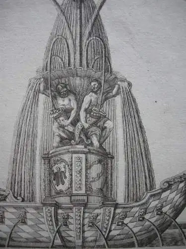 Entwurf Brunnen Friedensschiff München Bayern Kupferstich Spätt nach Degler 1700
