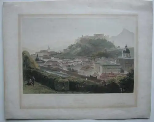 Salzburg Ansicht vom Kapuzinerberg kolor Stahlstich C. Huber nach Fischbach 1850