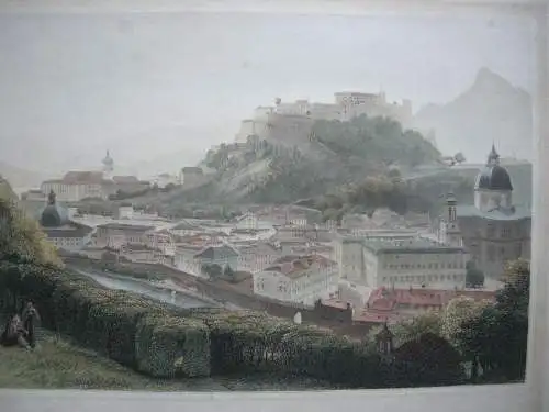 Salzburg Ansicht vom Kapuzinerberg kolor Stahlstich C. Huber nach Fischbach 1850